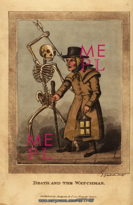 : Skeleton of death aiming a dart at a nightwatchman : Skeleton of death aiming a dart at a nightwatchman