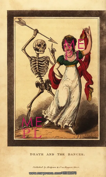 : Skeleton of death aiming a dart at a woman dancing : Skeleton of death aiming a dart at a woman dancing