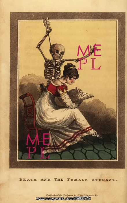: Skeleton of death aiming a dart at a woman studying : Skeleton of death aiming a dart at a woman studying