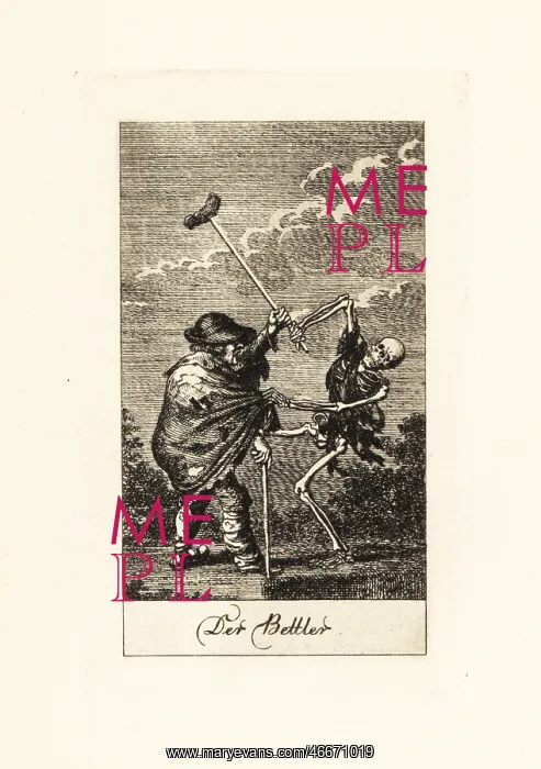 : The skeleton of Death attacking a beggar : The skeleton of Death attacking a beggar
