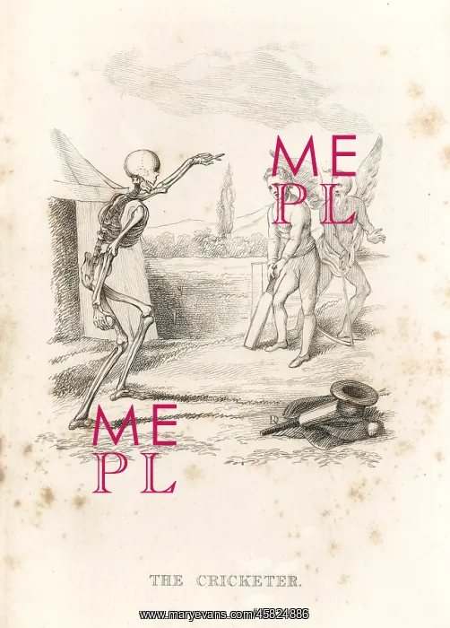 : The skeleton of Death bowls a ball at a cricketer at bat : The skeleton of Death bowls a ball at a cricketer at bat