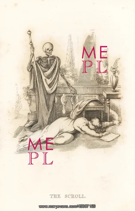 : The skeleton of Death brings a scroll to a woman : The skeleton of Death brings a scroll to a woman