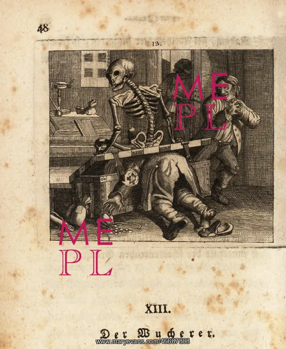 : The skeleton of Death crushing a userer in his : The skeleton of Death crushing a userer in his