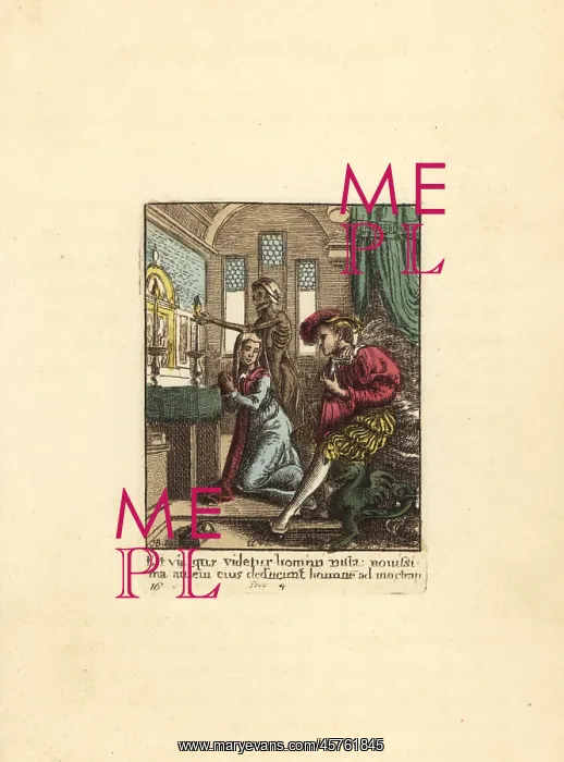 : Skeleton of Death extinguishing candles before a Canoness : Skeleton of Death extinguishing candles before a Canoness