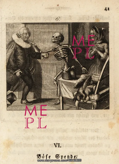 : The skeleton of Death lays his bony hand on a : The skeleton of Death lays his bony hand on a