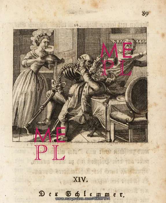 : The skeleton of Death pours wine into a glutton's mouth : The skeleton of Death pours wine into a glutton's mouth