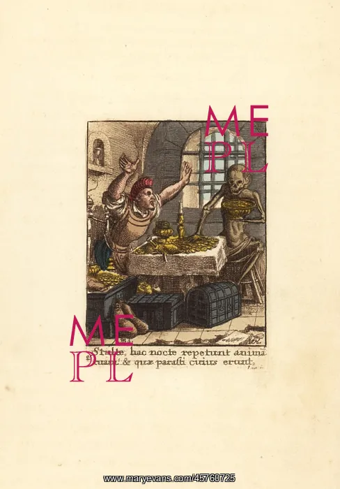 : Skeleton of Death stealing gold from a Miser : Skeleton of Death stealing gold from a Miser