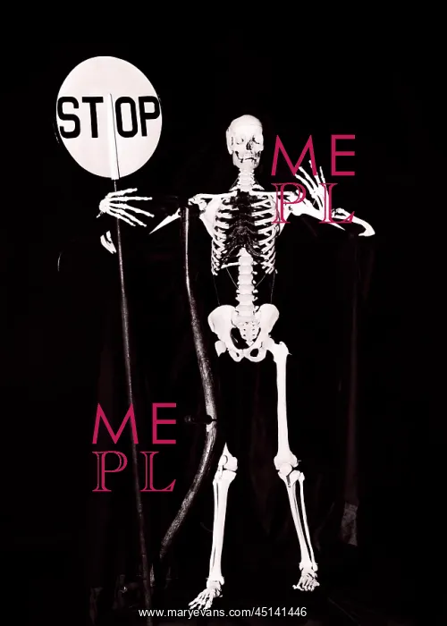 : Skeleton Looking at Camera Holding a Warning Stop : Skeleton Looking at Camera Holding a Warning Stop