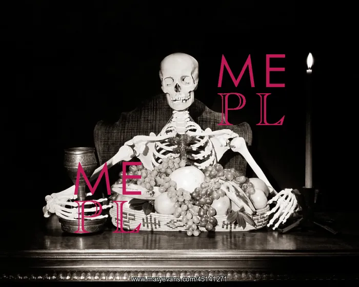 : A Skeleton Seated at Dining Table Before Large : A Skeleton Seated at Dining Table Before Large