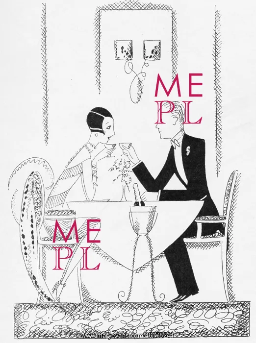 : Sketch by Fish of couple having dinner and champagne : Sketch by Fish of couple having dinner and champagne