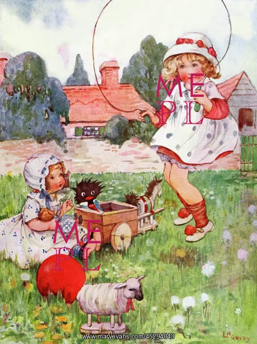 : Skipping - Girls in the garden with their toys and dolls and one skipping : Skipping - Girls in the garden with their toys and dolls and one skipping