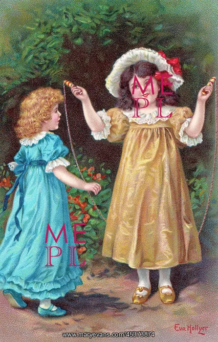 : Skipping. Two young Victorian girls in blue and gold silk dresses skipping : Skipping. Two young Victorian girls in blue and gold silk dresses skipping