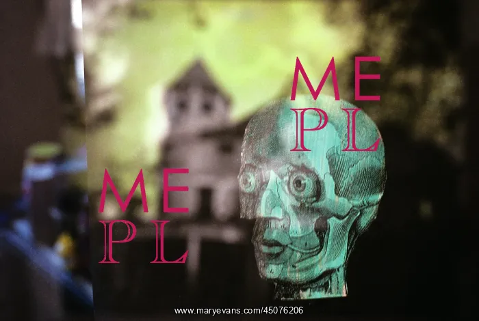 : Skull-Like Head in Window with Reflection of Haunted : Skull-Like Head in Window with Reflection of Haunted