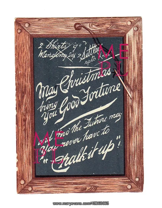 : Slate with pen and comic greeting on a Christmas card : Slate with pen and comic greeting on a Christmas card