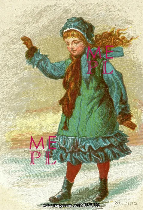 : Sliding. A Victorian little girl, dressed in a fancy coordinating frilled coat : Sliding. A Victorian little girl, dressed in a fancy coordinating frilled coat
