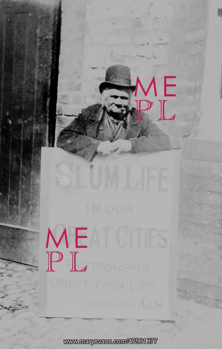  : Slum life. Slum Life, man with placard, 1892