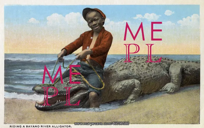 : Small black boy riding a Bayano River Alligator, Panama : Small black boy riding a Bayano River Alligator, Panama