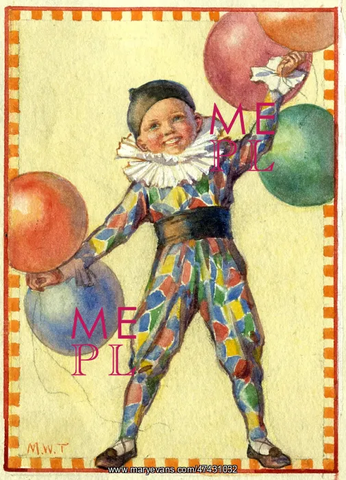 : A small boy dressed up in a clown costume with balloons : A small boy dressed up in a clown costume with balloons