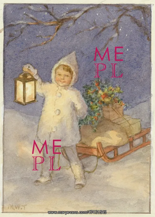 : A small boy with a lantern and a sled full of presents : A small boy with a lantern and a sled full of presents