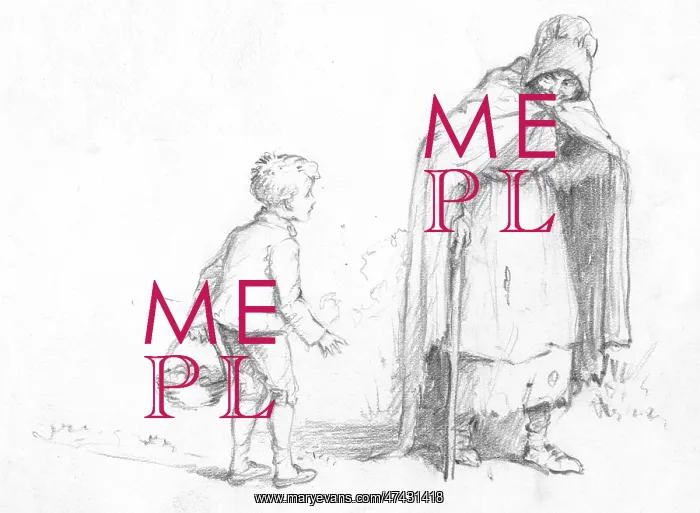 : A small boy talks to an old lady in a cloak and hood : A small boy talks to an old lady in a cloak and hood