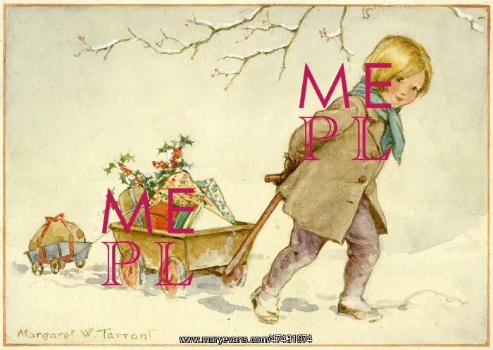 : A small child pulls along cart loads of presents : A small child pulls along cart loads of presents