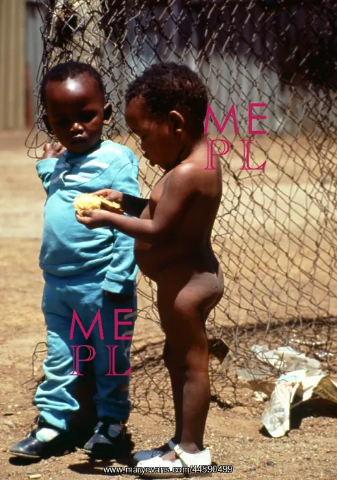 : Two small children stand in front of a wire mesh : Two small children stand in front of a wire mesh