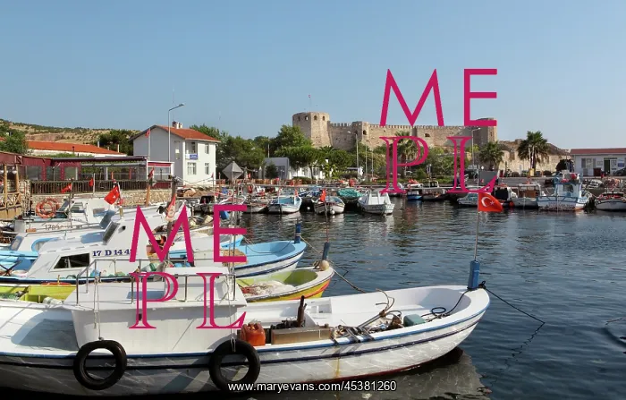 : Small harbour with Bozcaada Castle behind, on : Small harbour with Bozcaada Castle behind, on