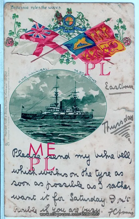 : Small inset photo HMS Hannibal with flags and cipher : Small inset photo HMS Hannibal with flags and cipher