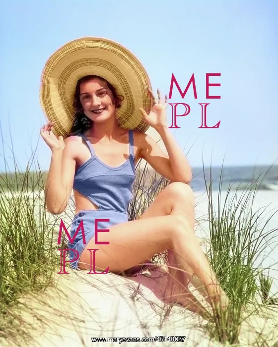 : Smiling Bathing Beauty Wearing Straw Hat Sitting : Smiling Bathing Beauty Wearing Straw Hat Sitting