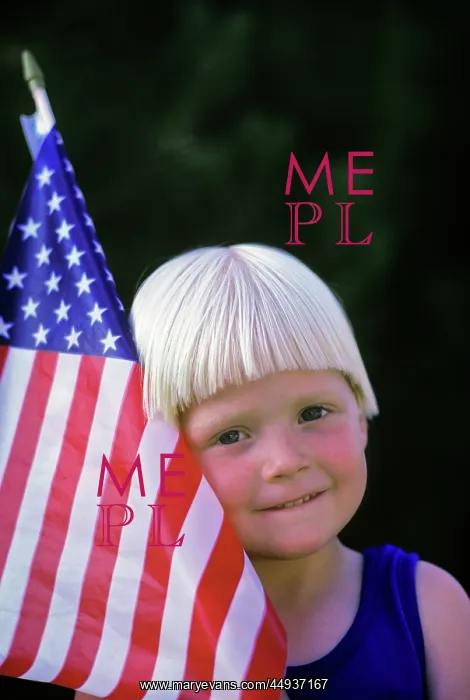 : Smiling Blond Boy Holding American Flag Looking : Smiling Blond Boy Holding American Flag Looking