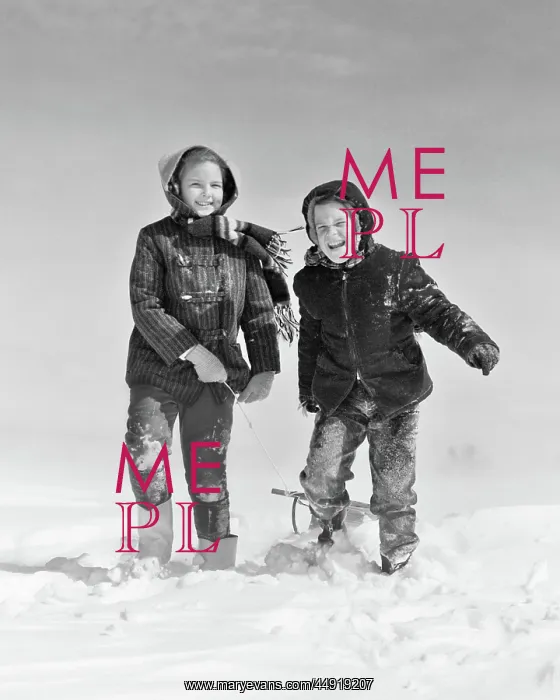 : Smiling Boy Girl Pulling Sled in Winter Snow : Smiling Boy Girl Pulling Sled in Winter Snow