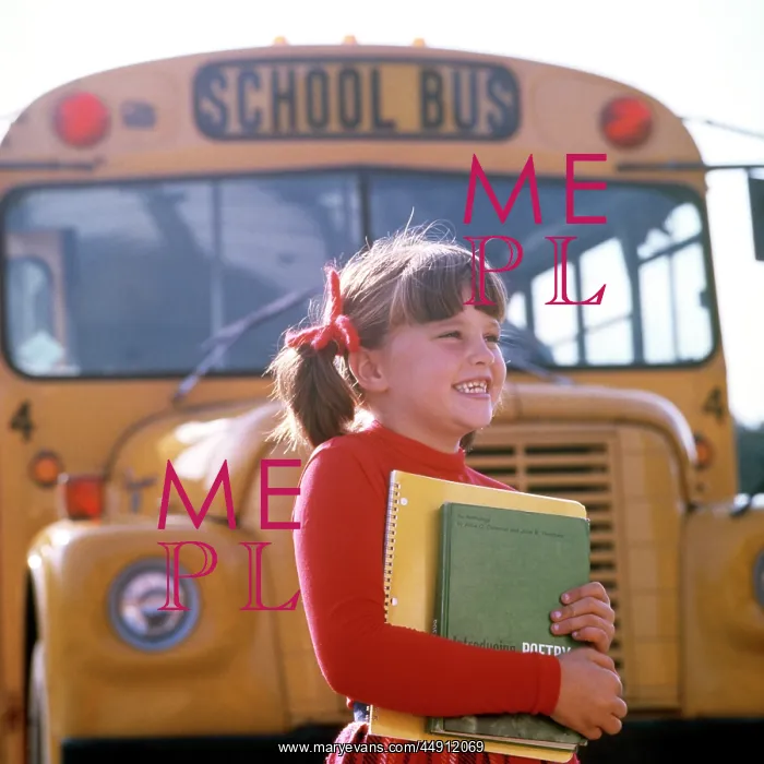 : Smiling Elementary School Girl Standing Front of Bus Carry : Smiling Elementary School Girl Standing Front of Bus Carry