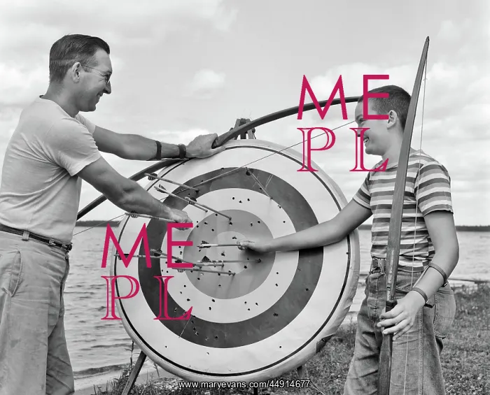 : Smiling Father and Son by Lake Pulling Arrows out of Ar : Smiling Father and Son by Lake Pulling Arrows out of Ar