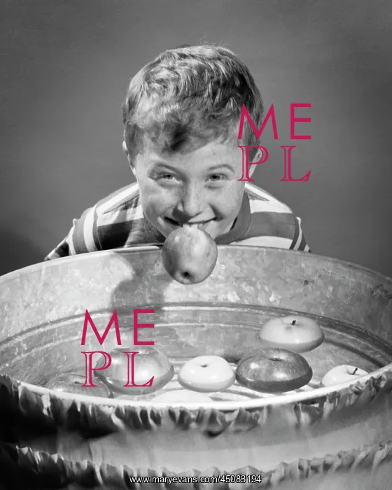: Smiling Freckle Faced Boy Bobbing for Apples : Smiling Freckle Faced Boy Bobbing for Apples