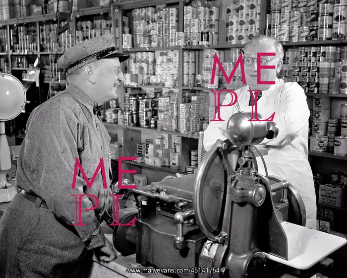 : Smiling Man in Workman'S Uniform Talking To Grocer : Smiling Man in Workman'S Uniform Talking To Grocer