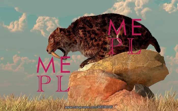 : A Smilodon sits on a rock surrounded by golden fall fields : A Smilodon sits on a rock surrounded by golden fall fields