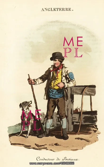 : Smithfield drover with dog, 1800s : Smithfield drover with dog, 1800s