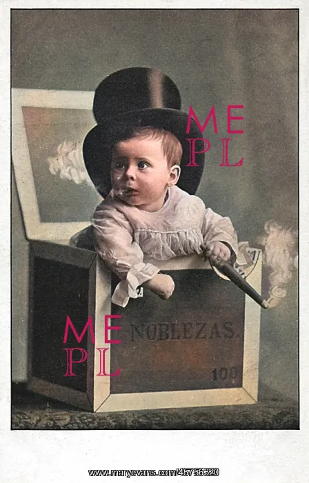 : Smoking Baby in a cigar box wearing a silk top hat : Smoking Baby in a cigar box wearing a silk top hat