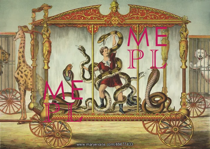 : The Snake Wagon, with a snake performer at a circus : The Snake Wagon, with a snake performer at a circus
