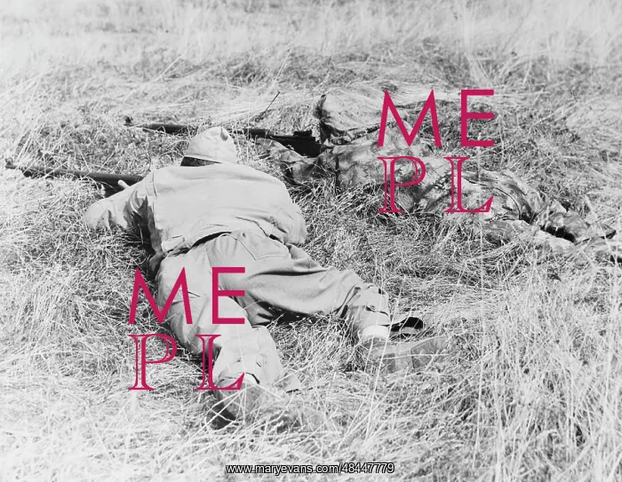 : Two snipers blending in with their terrain, circa 1942 : Two snipers blending in with their terrain, circa 1942