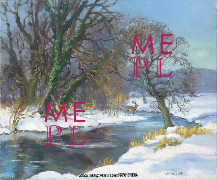  : Snow scene with four deer by a river