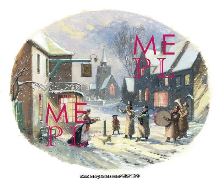 : Snow scene with musicians outside inn : Snow scene with musicians outside inn