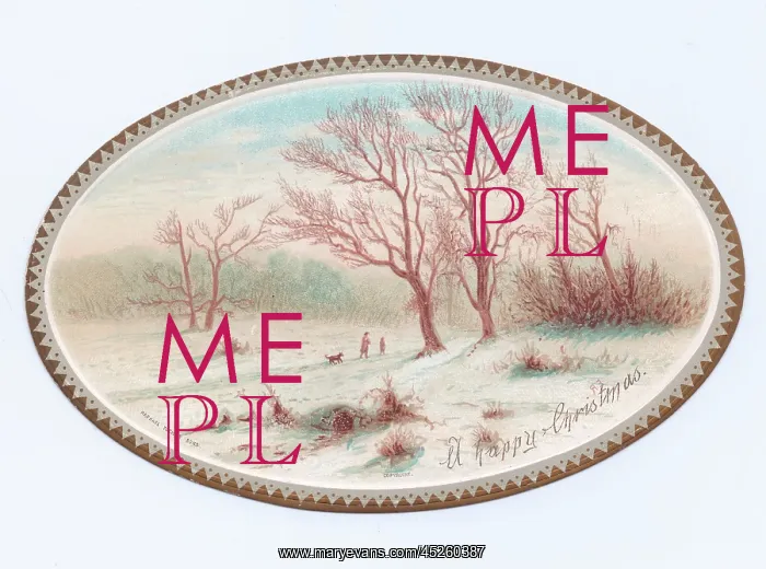  : Snow scene on an oval Christmas card