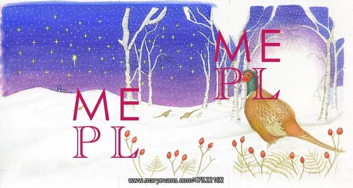 : Snow scene with Pheasants & silver birch trees : Snow scene with Pheasants & silver birch trees