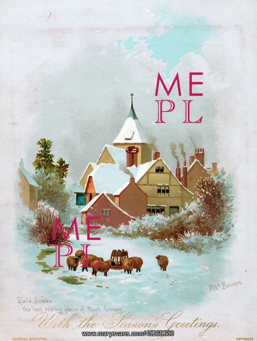 : Snow scene with sheep on a Christmas card : Snow scene with sheep on a Christmas card