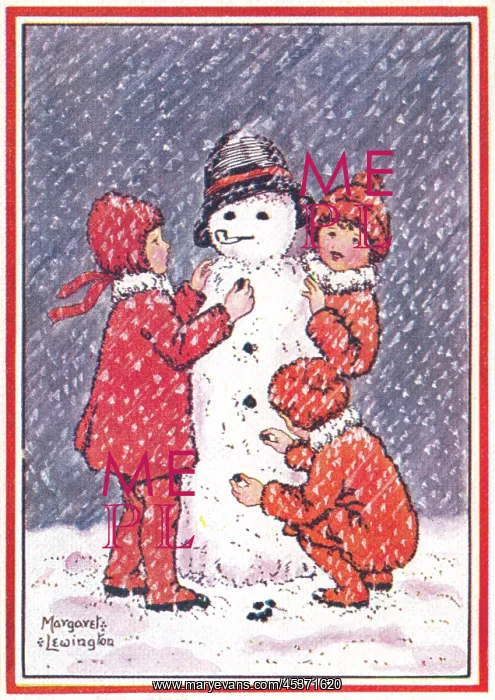 : Snowman. Three children wearing red clothes building a snowman. Artist: Margaret Lewington : Snowman. Three children wearing red clothes building a snowman. Artist: Margaret Lewington