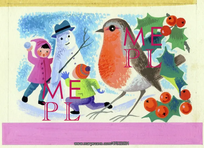 : Snowman, children, robin and holly : Snowman, children, robin and holly