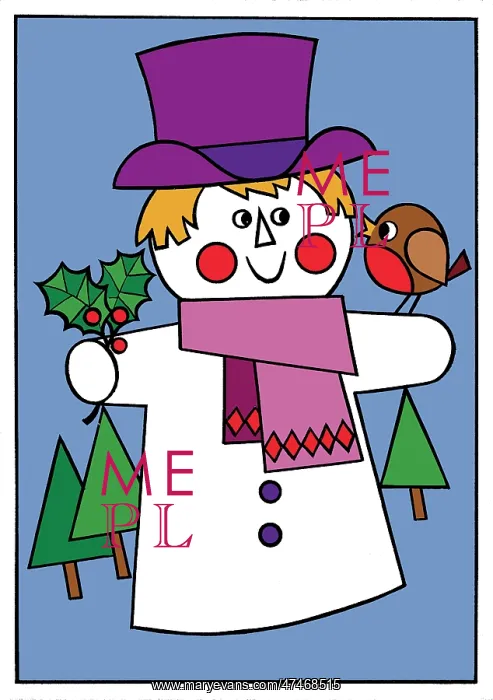: Snowman ? with robin, holly and trees : Snowman ? with robin, holly and trees