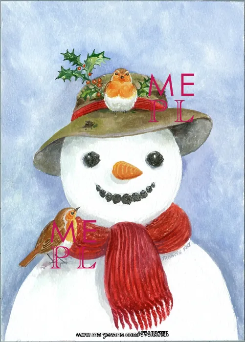 : Snowman ' with two robins, hat, red scarf : Snowman ' with two robins, hat, red scarf