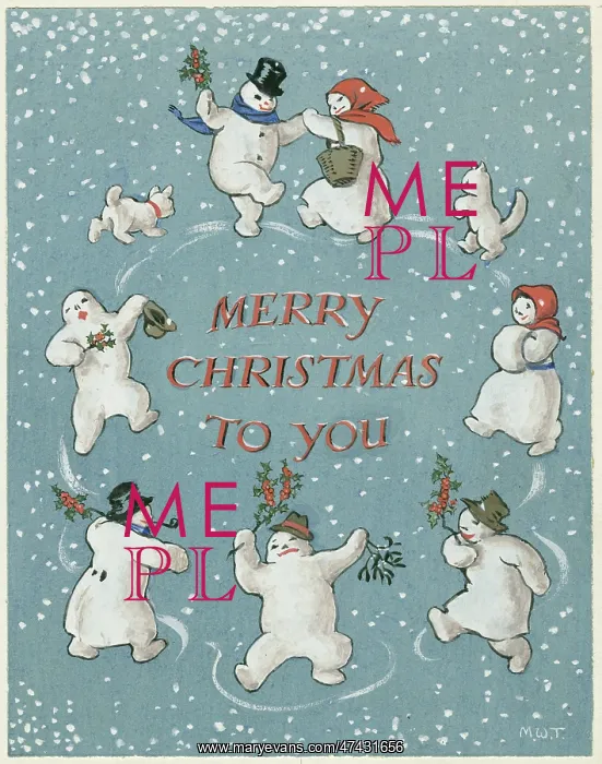 : Snowmen dancing in a circle, Christmas card : Snowmen dancing in a circle, Christmas card